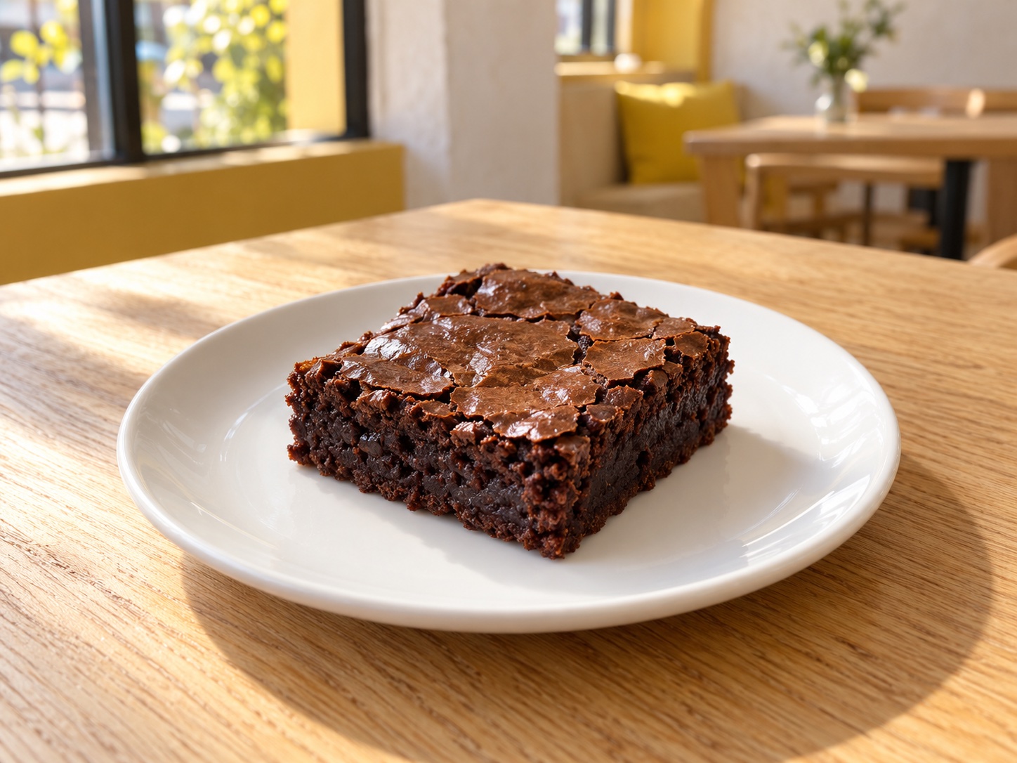 白い皿にのせたしっとりしたチョコレートブラウニー