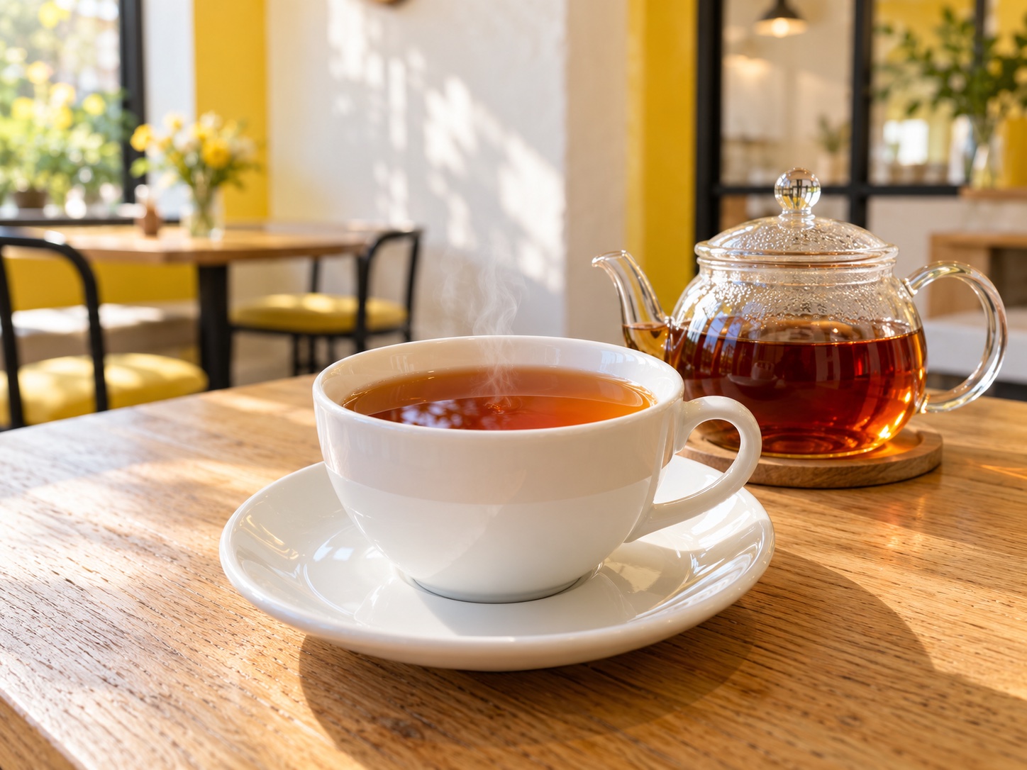 白いカップに注いだ紅茶とガラスのティーポット